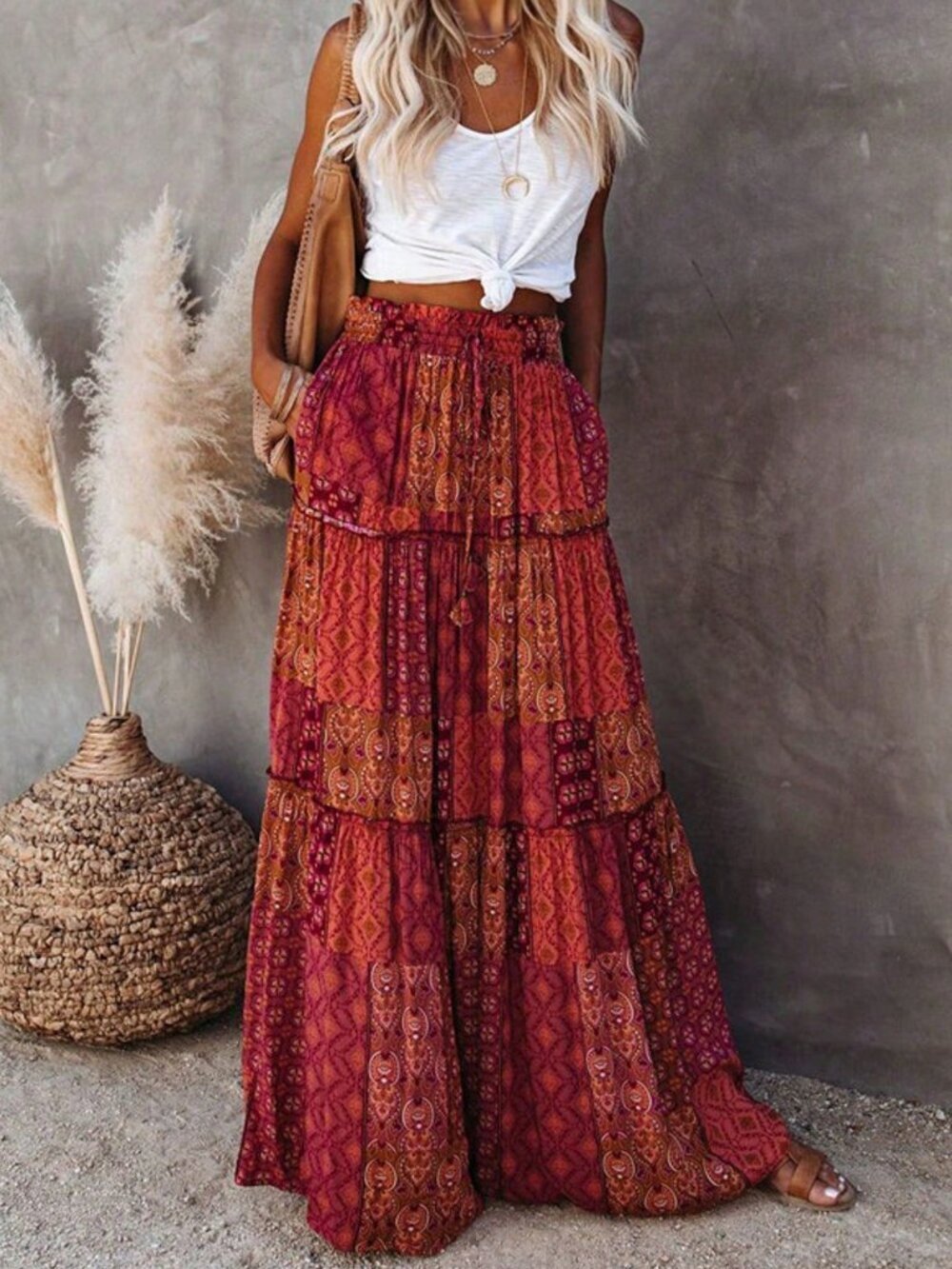 Burgundy Bohemian Women's High Waist Skirt with Floral Print Lace Hem